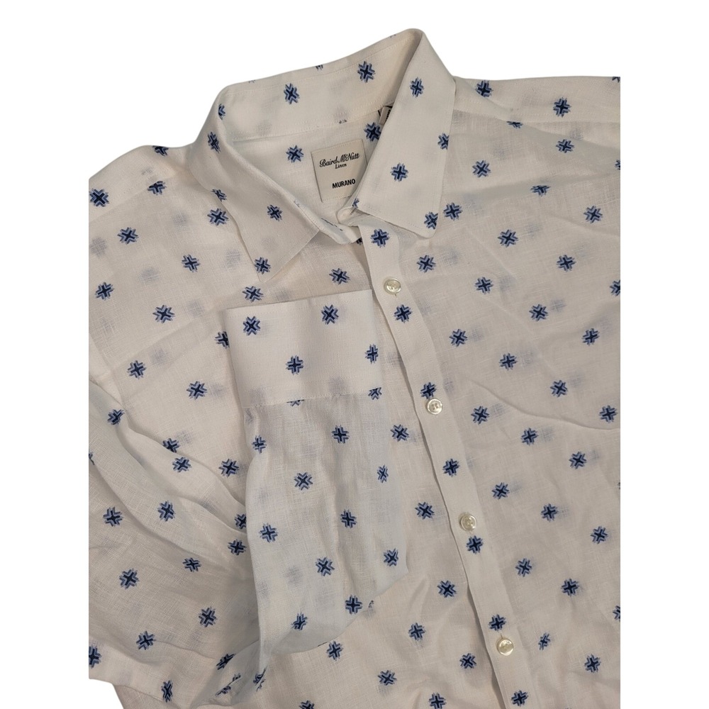 Murano Baird McNutt Linen Shirt Mens L White Blue Geometric Pattern Long Sleeve